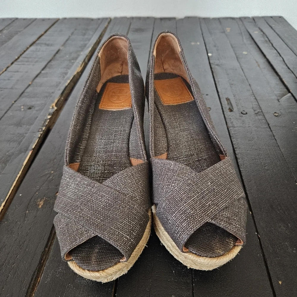 Tory Burch Shimmering Charcoal Grey Espadrille Wedges Peep Toe Heels Women's 7.5